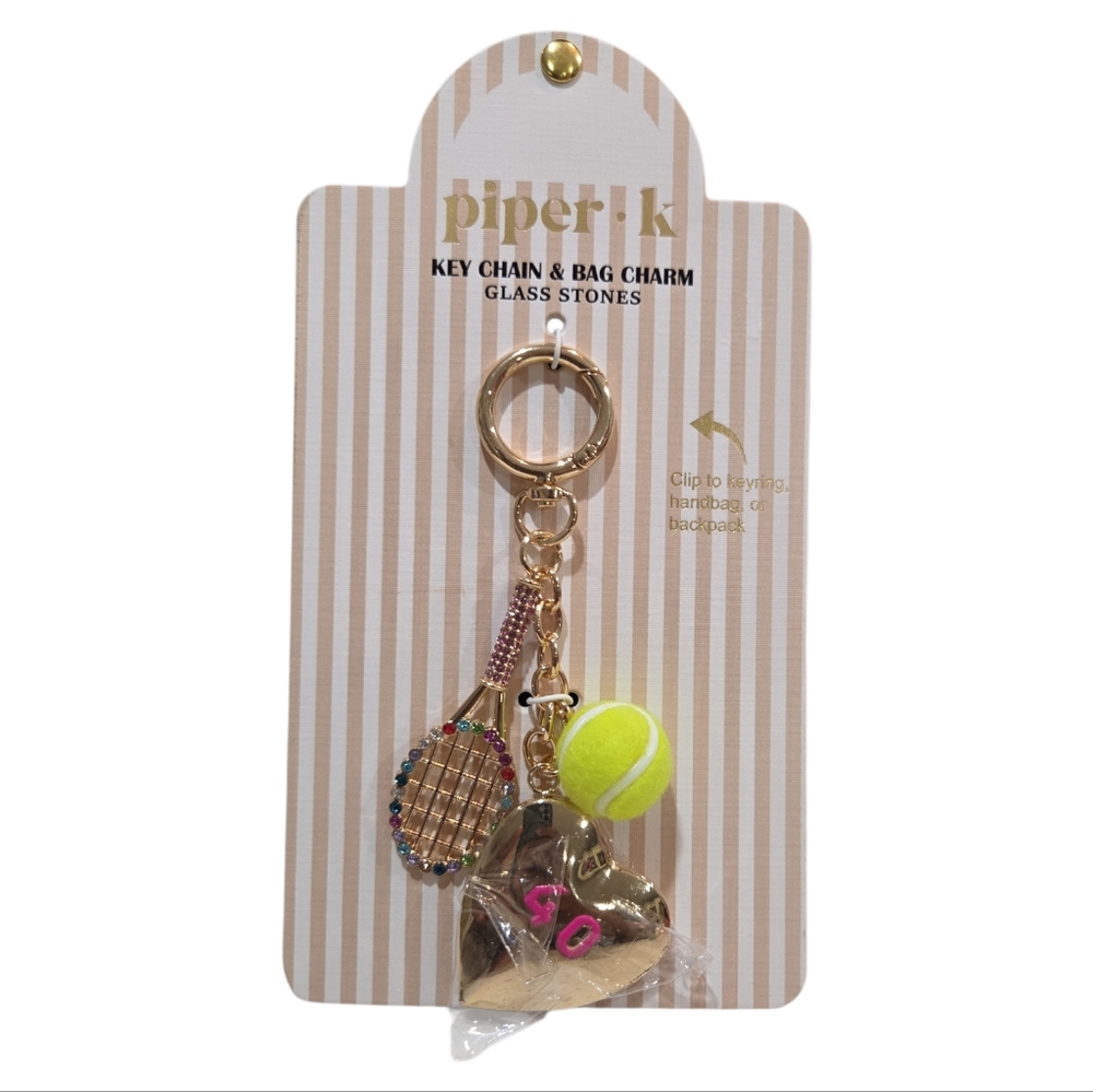 💛▪️Piper K ▪️UK Tennis Racquet & Ball Glass Stones Key Chain & Bag Charm